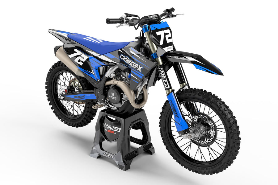 Front view of the Apex Blue motocross graphics kit on a KTM dirt bike.