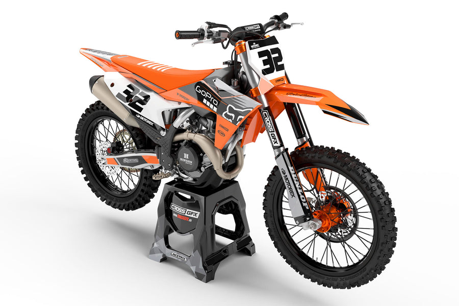 Front view of the Cord Gray motocross graphics kit on a KTM dirt bike.