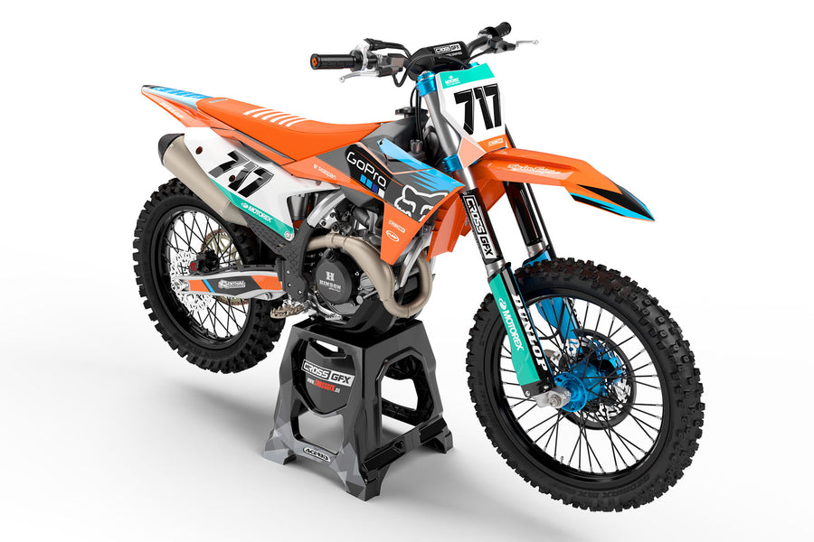 Front view of the Cord Orange motocross graphics kit on a KTM dirt bike.