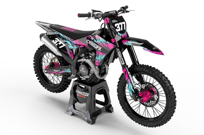 Front view of the Element Black motocross graphics kit on a KTM dirt bike.