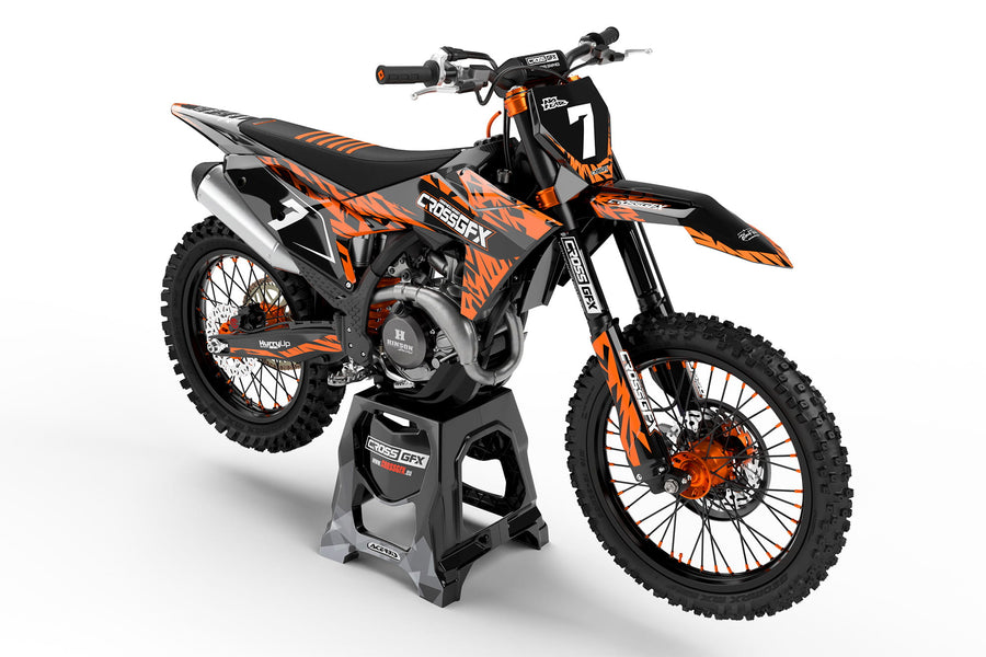 Front view of the Element Orange graphics kit on a KTM motocross bike.