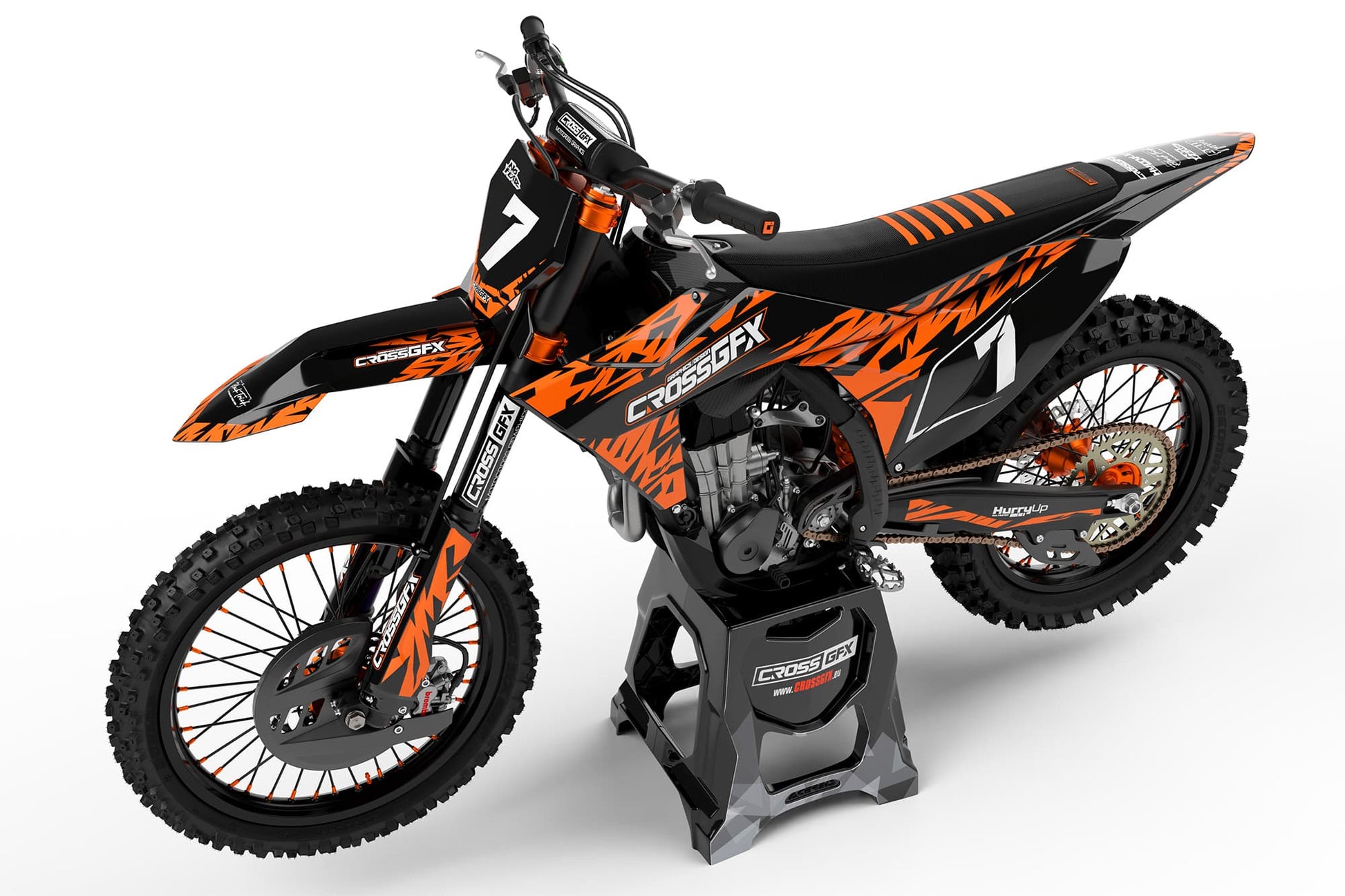Side view of the Element Orange off-road decal kit on a KTM dirt bike.