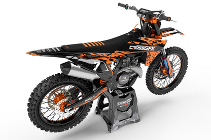 Rear view of the Element Orange racing graphics kit on a KTM motorcycle.