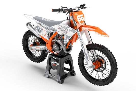 Front view of the Element White graphics kit on a KTM motocross bike.