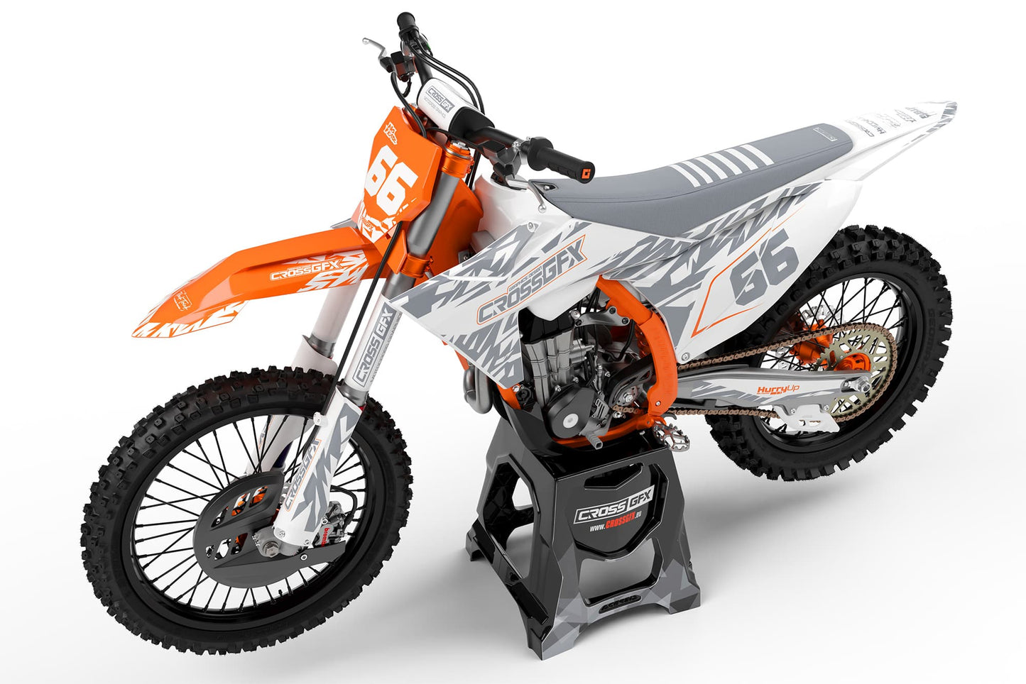 Side view of the Element White racing graphics kit on a KTM motorcycle.