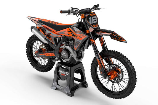 Front view of the Omega Orange motocross graphics kit on a KTM dirt bike.