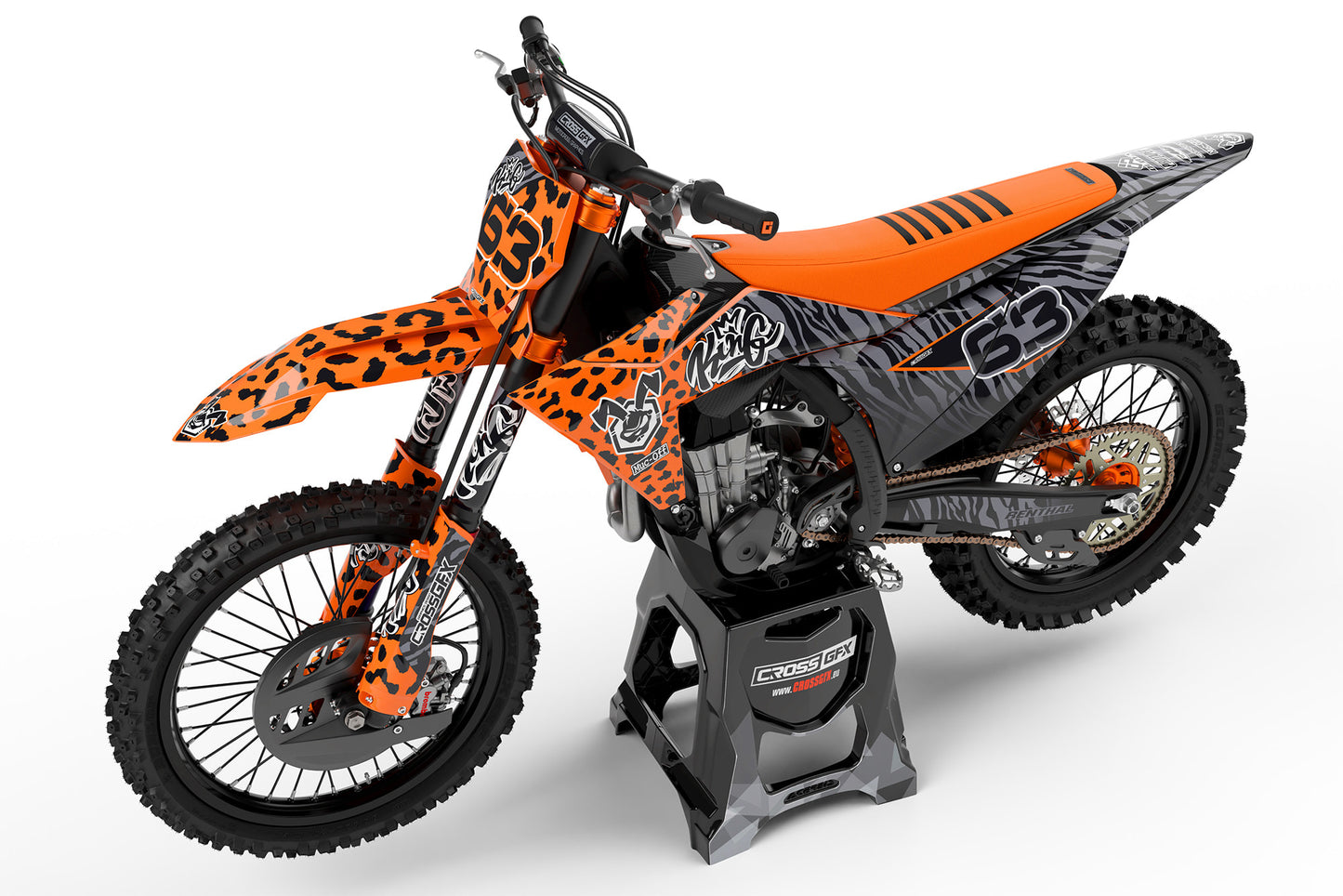 Left view of the complete Orange Panther decal kit on a KTM dirt bike.