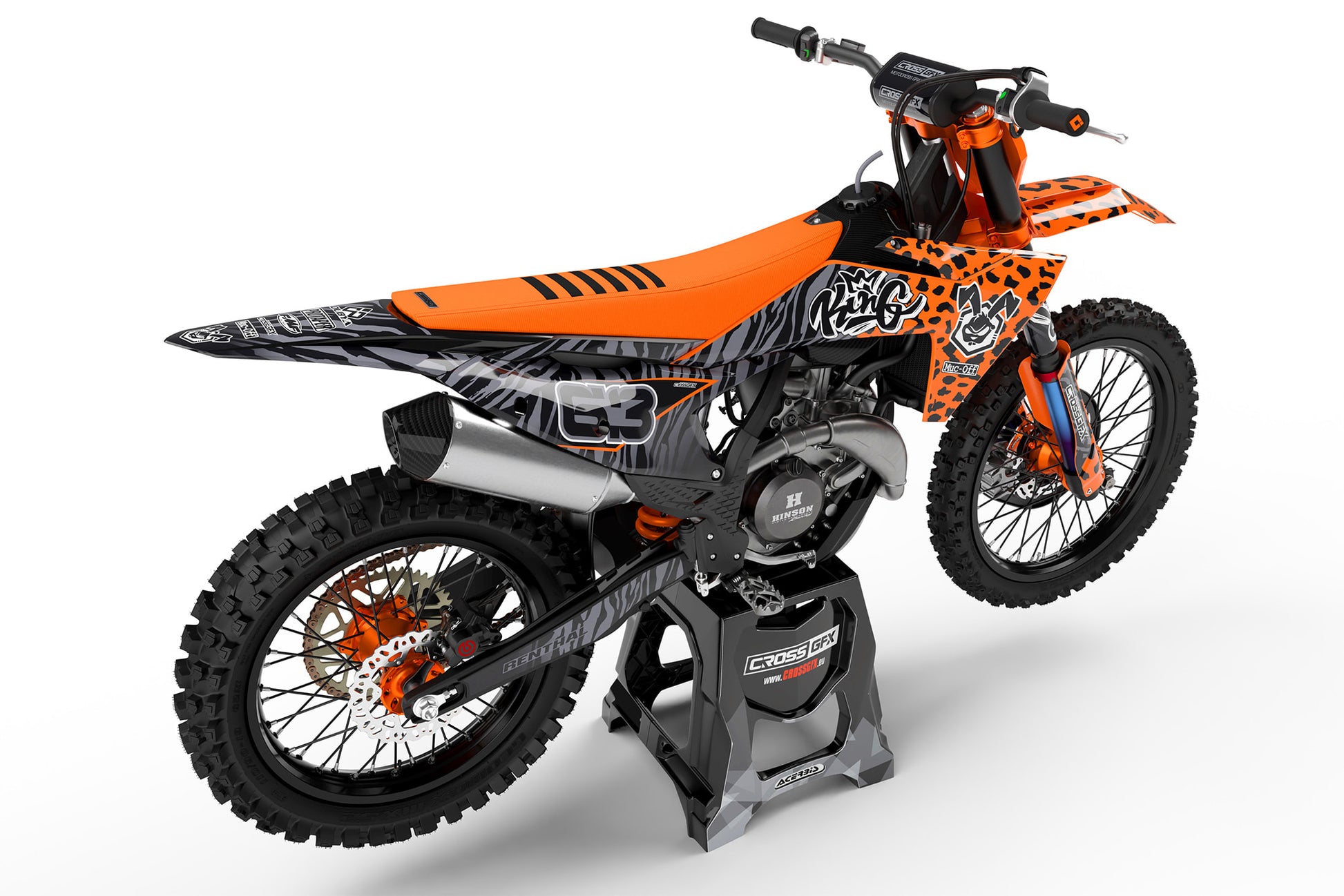 Back view of the Orange Panther custom graphics kit on a KTM motocross bike.