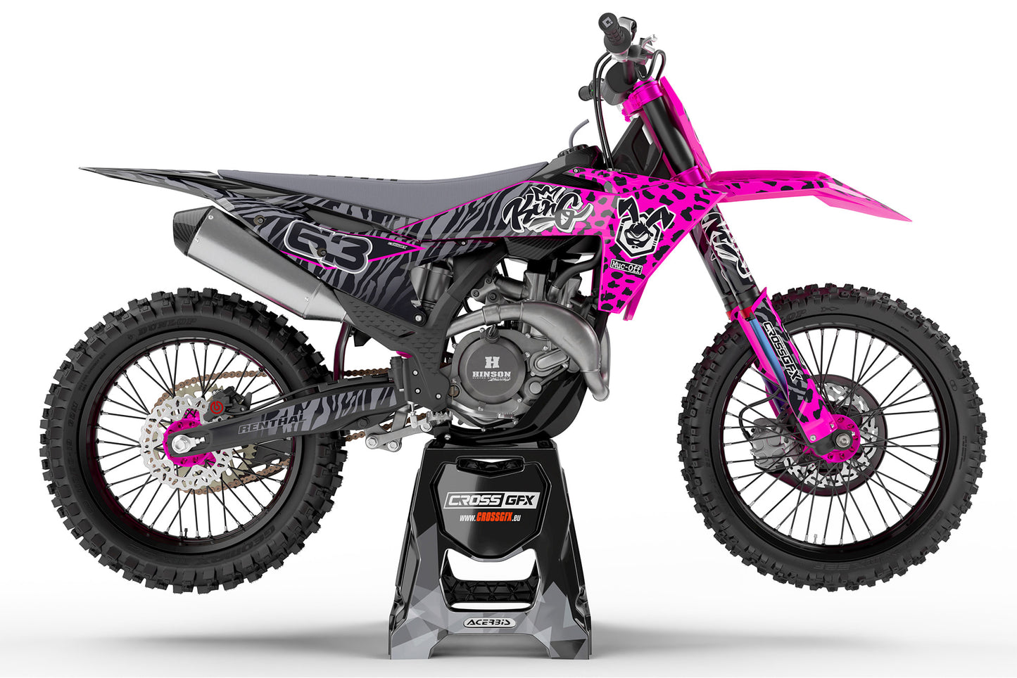 Side view of the Pink Panther custom sticker kit on a KTM motorcycle.