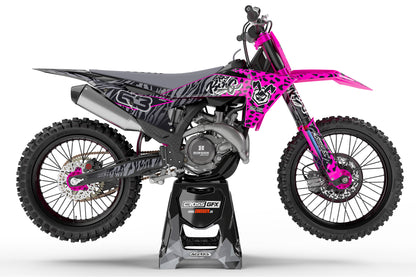Side view of the Pink Panther custom sticker kit on a KTM motorcycle.