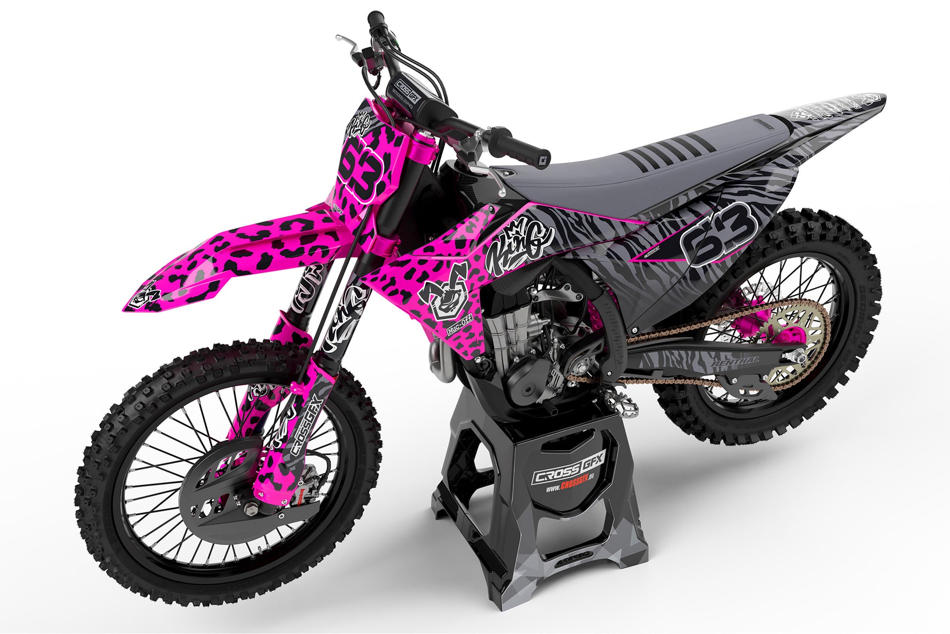 Left view of the Pink Panther off-road decal kit on a KTM dirt bike.