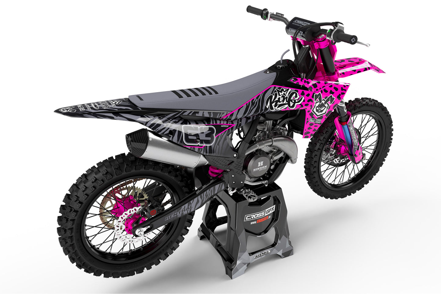 Rear view of the Pink Panther racing graphics kit on a KTM dirt bike.
