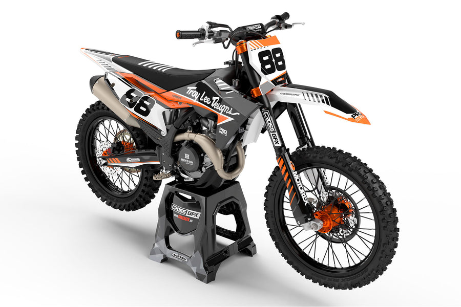 Front view of the Pro Orange graphics kit on a KTM motocross bike.