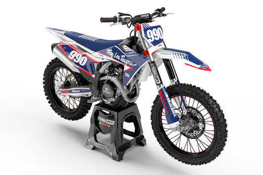 Front view of the Pro White motocross graphics kit on a KTM dirt bike.