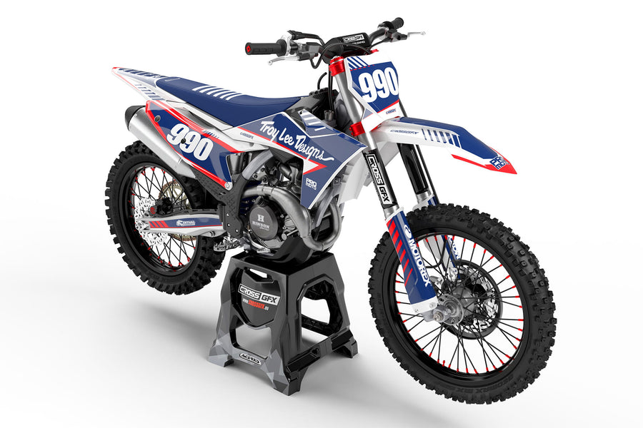 Front view of the Pro White motocross graphics kit on a KTM dirt bike.