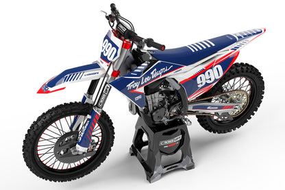 Side view of the Pro White off-road decal kit on a KTM motorcycle.