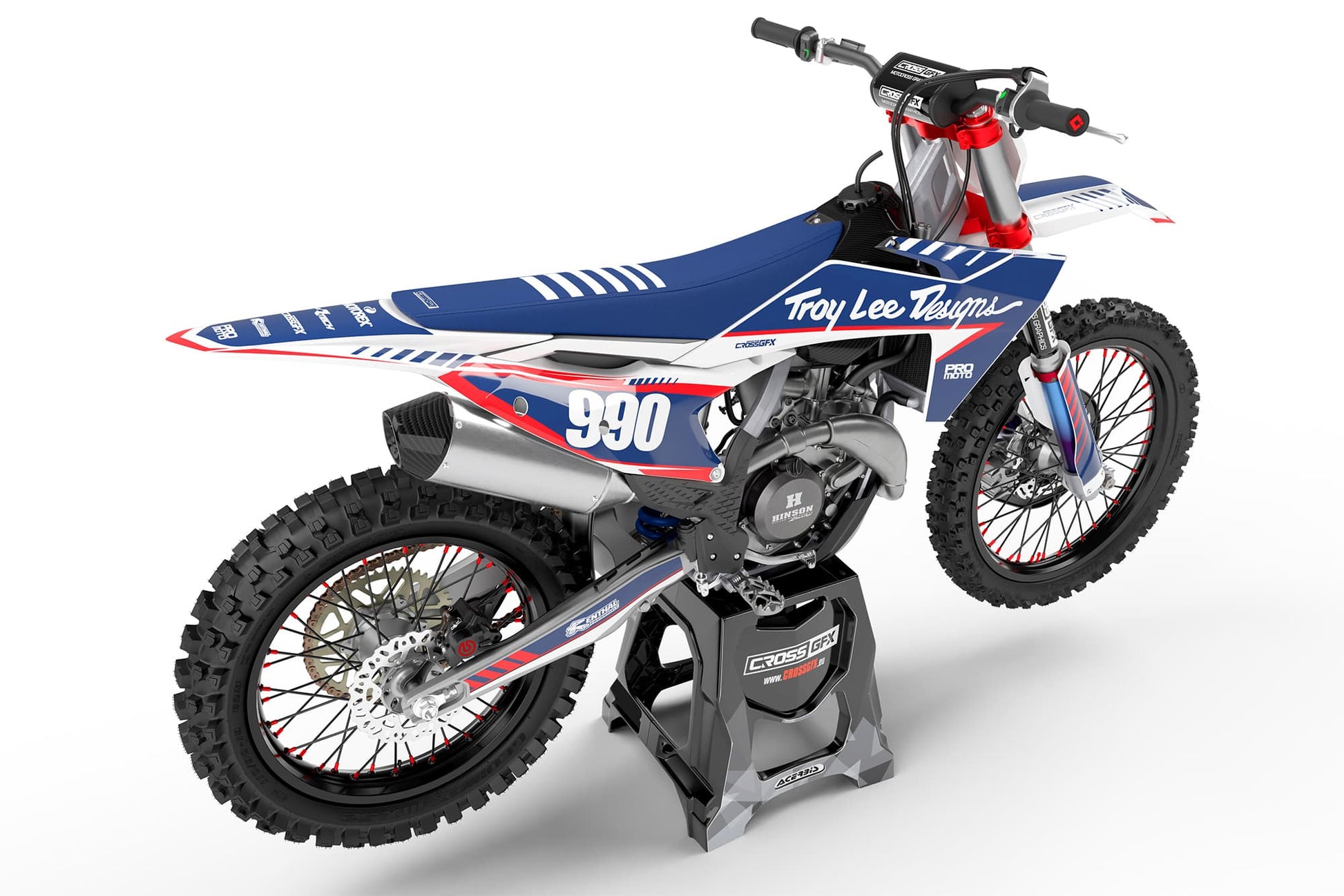 Rear view of the Pro White racing graphics kit on a KTM dirt bike.