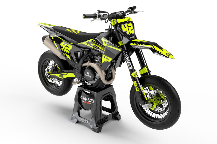 Front view of the Volt Fluorescent graphics kit on a KTM dirt bike.