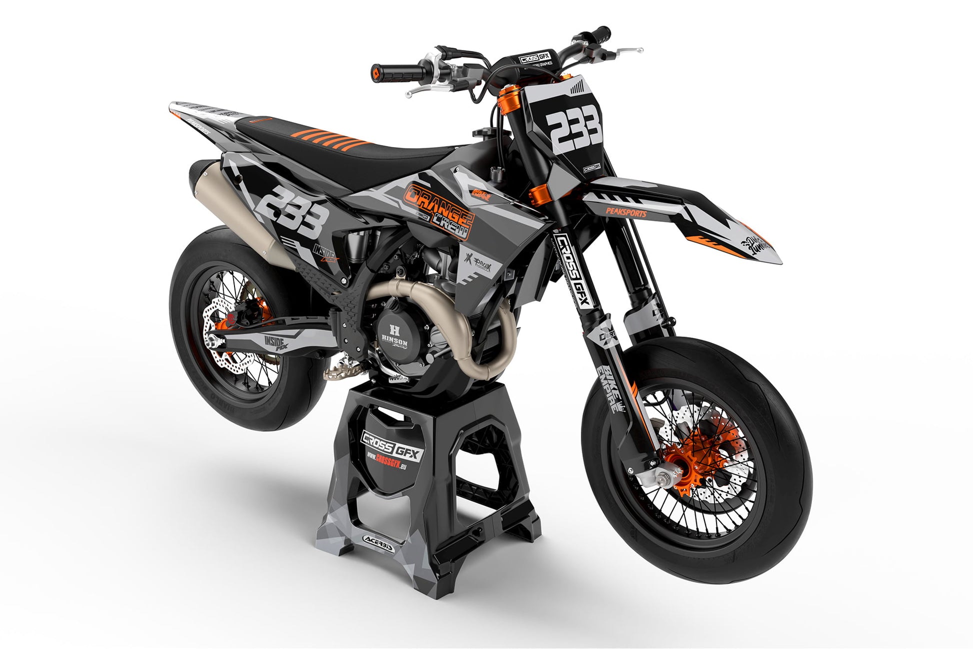 Front view of the Volt Grey motocross graphics kit on a KTM dirt bike.