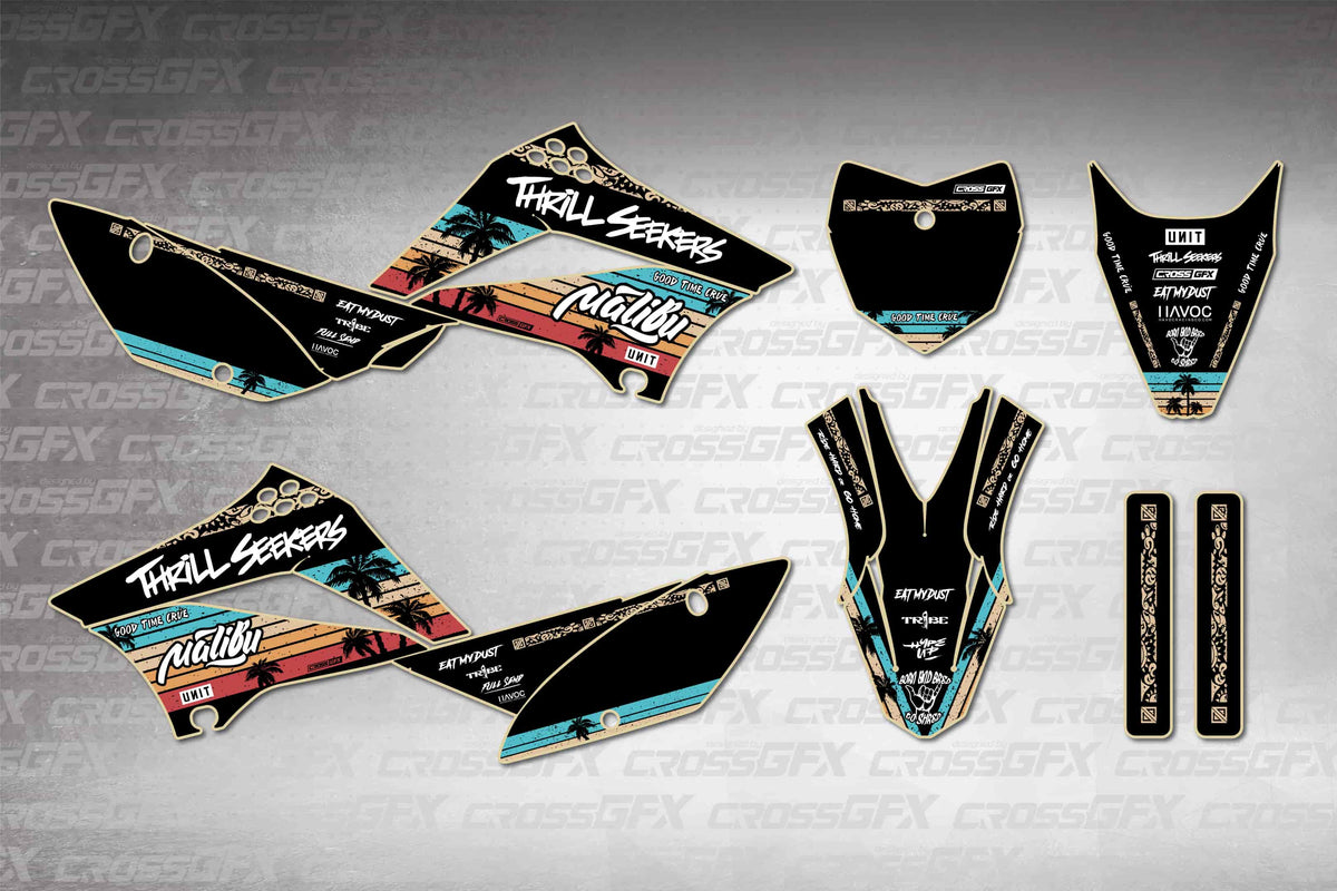 Graphics for Kawasaki KLX 110 2010-2026 - Malibu Black - flat layout showing all decal pieces included