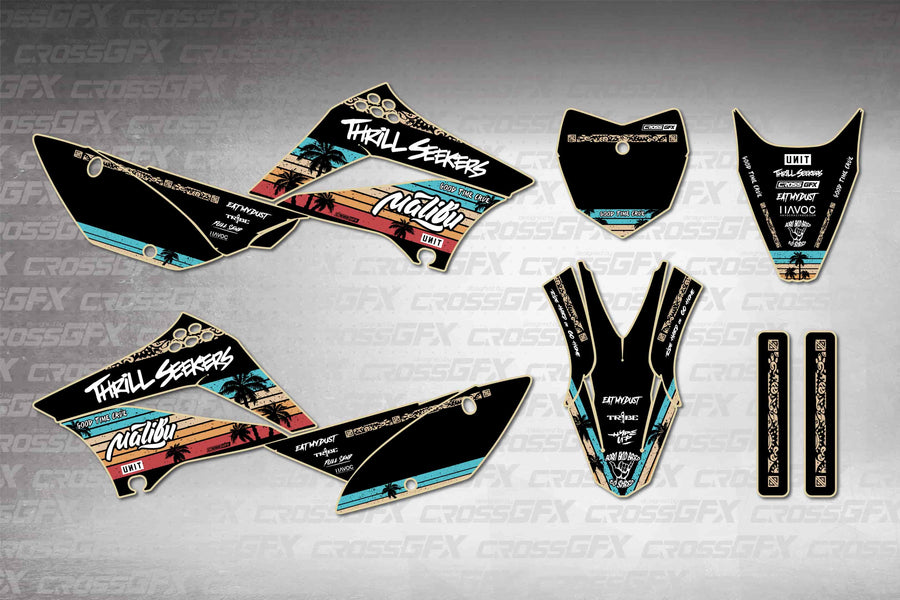 Graphics for Kawasaki KLX 110 2010-2026 - Malibu Black - flat layout showing all decal pieces included
