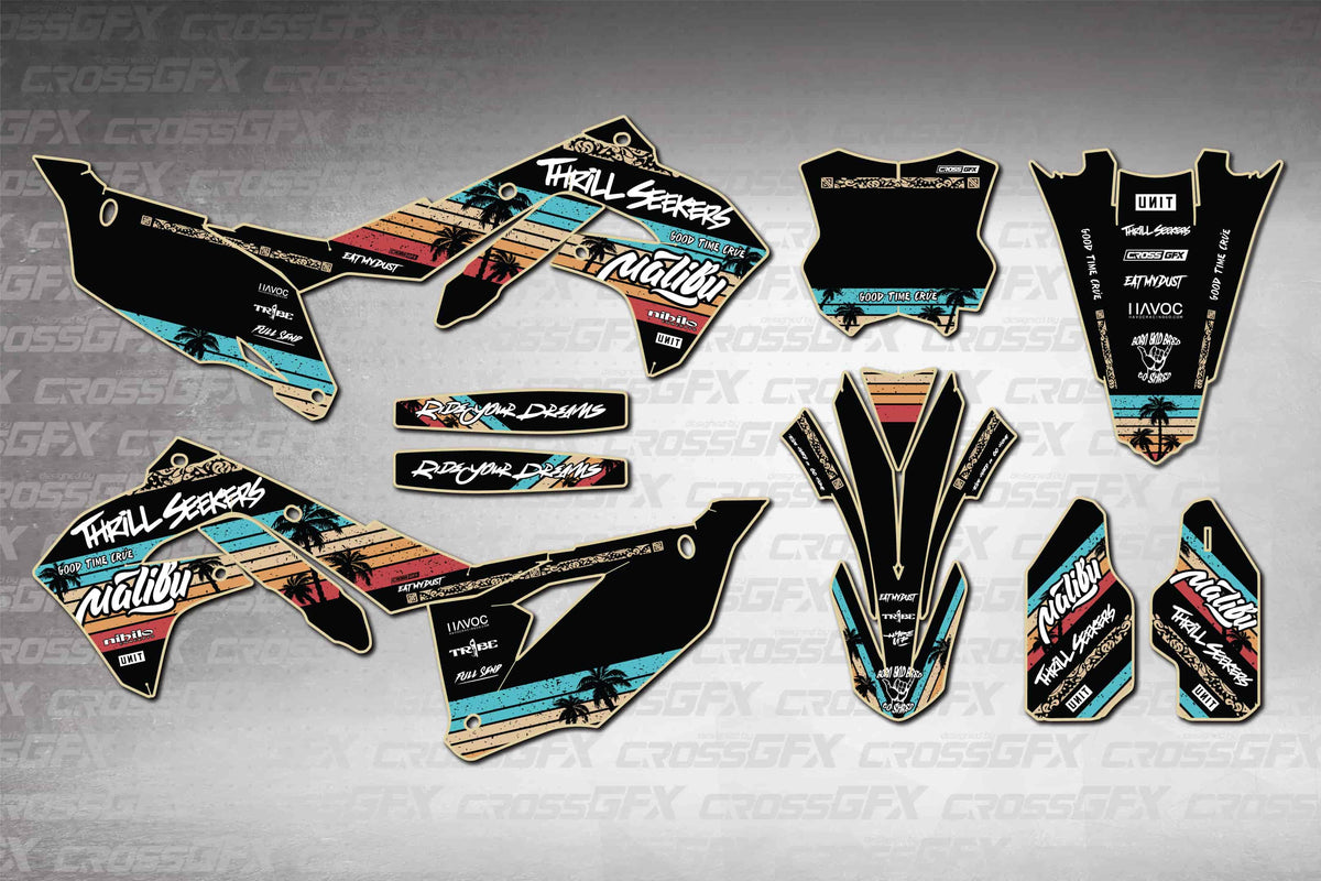Graphics for Kawasaki KX 250X 2021-2024 - Malibu Black - flat layout showing all decal pieces included
