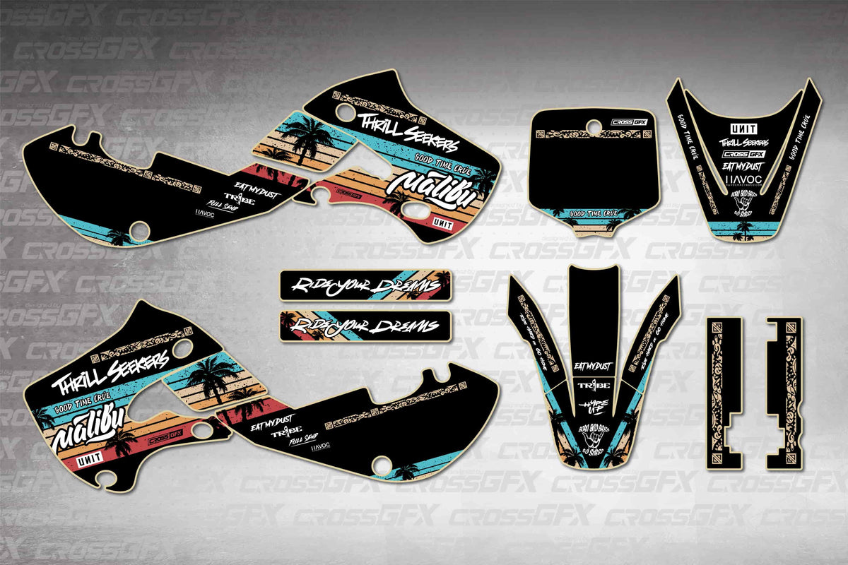 Graphics for Kawasaki KX 65 2000-2026 - Malibu Black - flat layout showing all decal pieces included