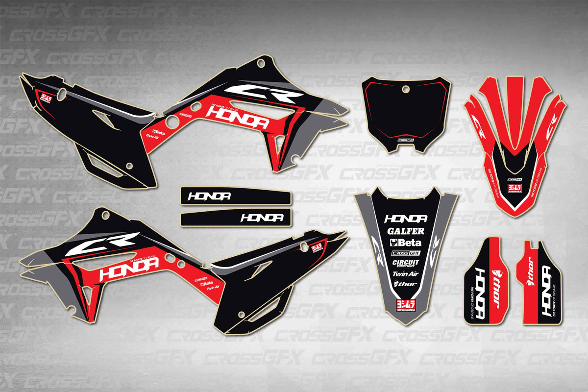Graphics for Honda CR 125R 2002-2007 Polisport 2022 Restyle - Nitro Black - flat layout showing all decal pieces included