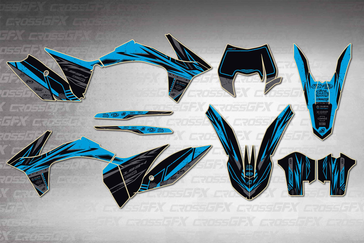 Graphics for KTM EXC 2012-2013 - Omega Blue - flat layout showing all decal pieces included