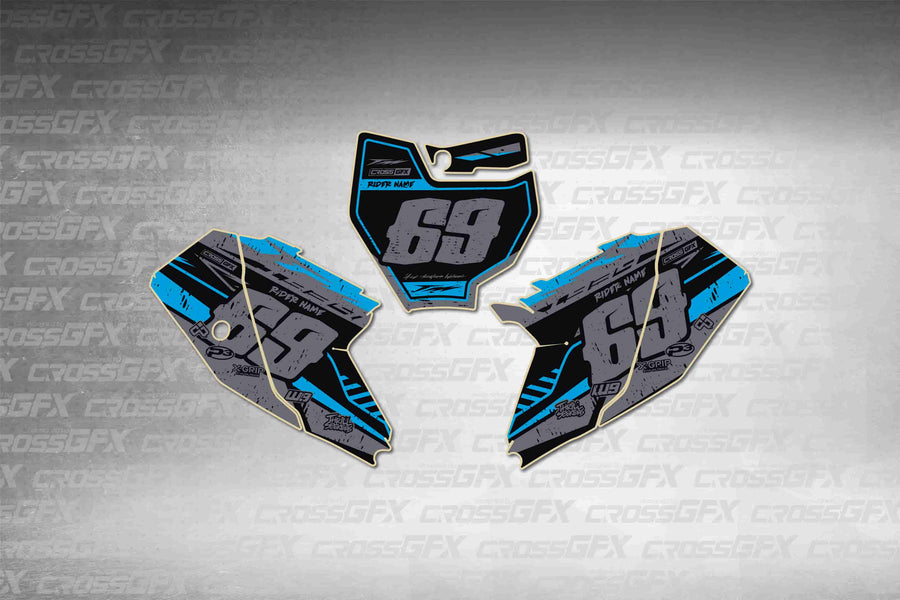 Graphics for KTM 65 SX 2019-2023 - Omega Blue number plate decals - flat layout showing all pieces included
