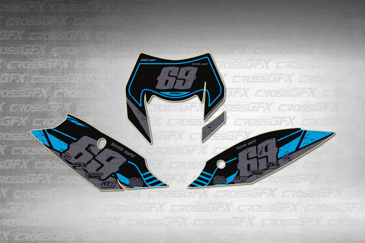 Graphics for KTM EXC 2014-2016 - Omega Blue number plate decals - flat layout showing all pieces included