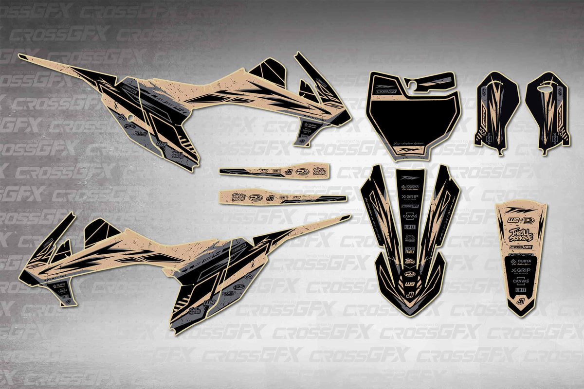 Graphics for KTM 65 SX 2019-2023 - Omega Brown - flat layout showing all decal pieces included