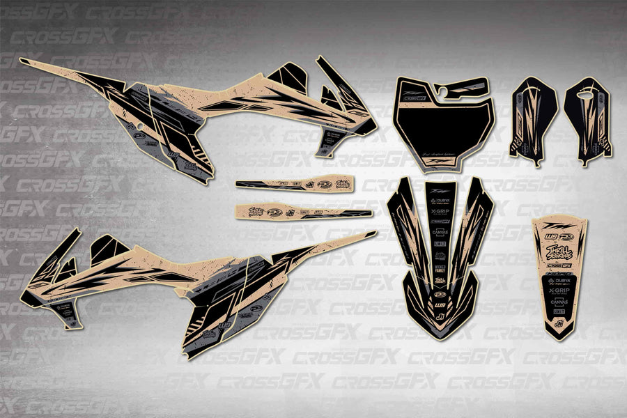 Graphics for KTM 65 SX 2019-2023 - Omega Brown - flat layout showing all decal pieces included