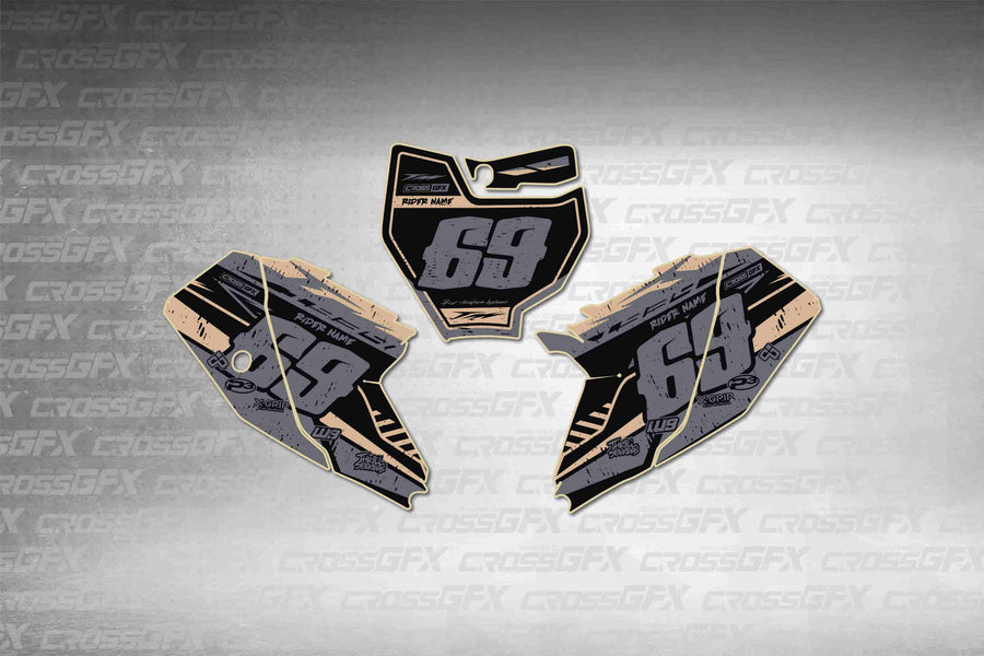 Graphics for KTM 65 SX 2019-2023 - Omega Brown number plate decals - flat layout showing all pieces included