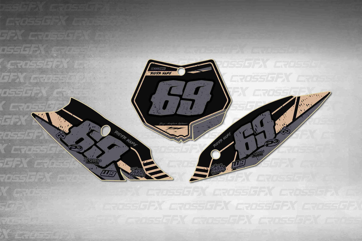 Graphics for KTM XC-F 2011-2012 - Omega Brown number plate decals - flat layout showing all pieces included