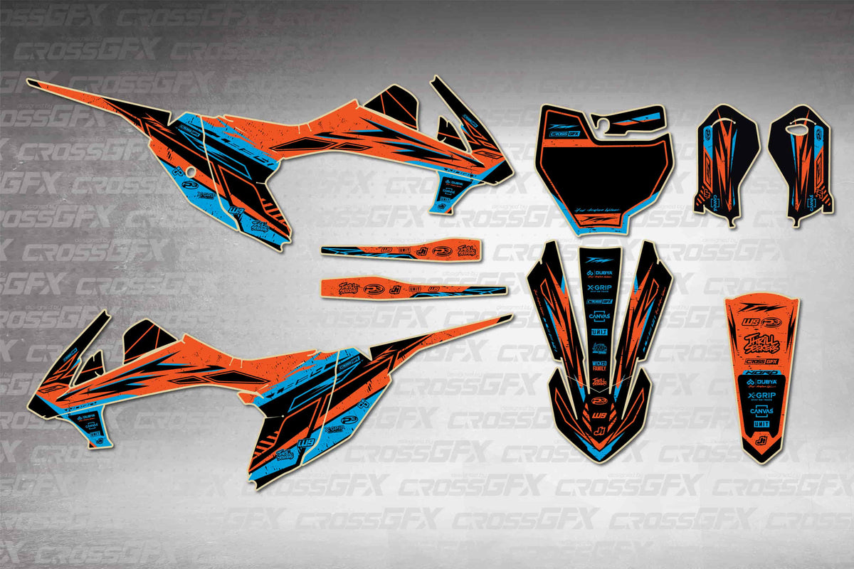 Graphics for KTM 65 SX 2019-2023 - Omega Cyan - flat layout showing all decal pieces included