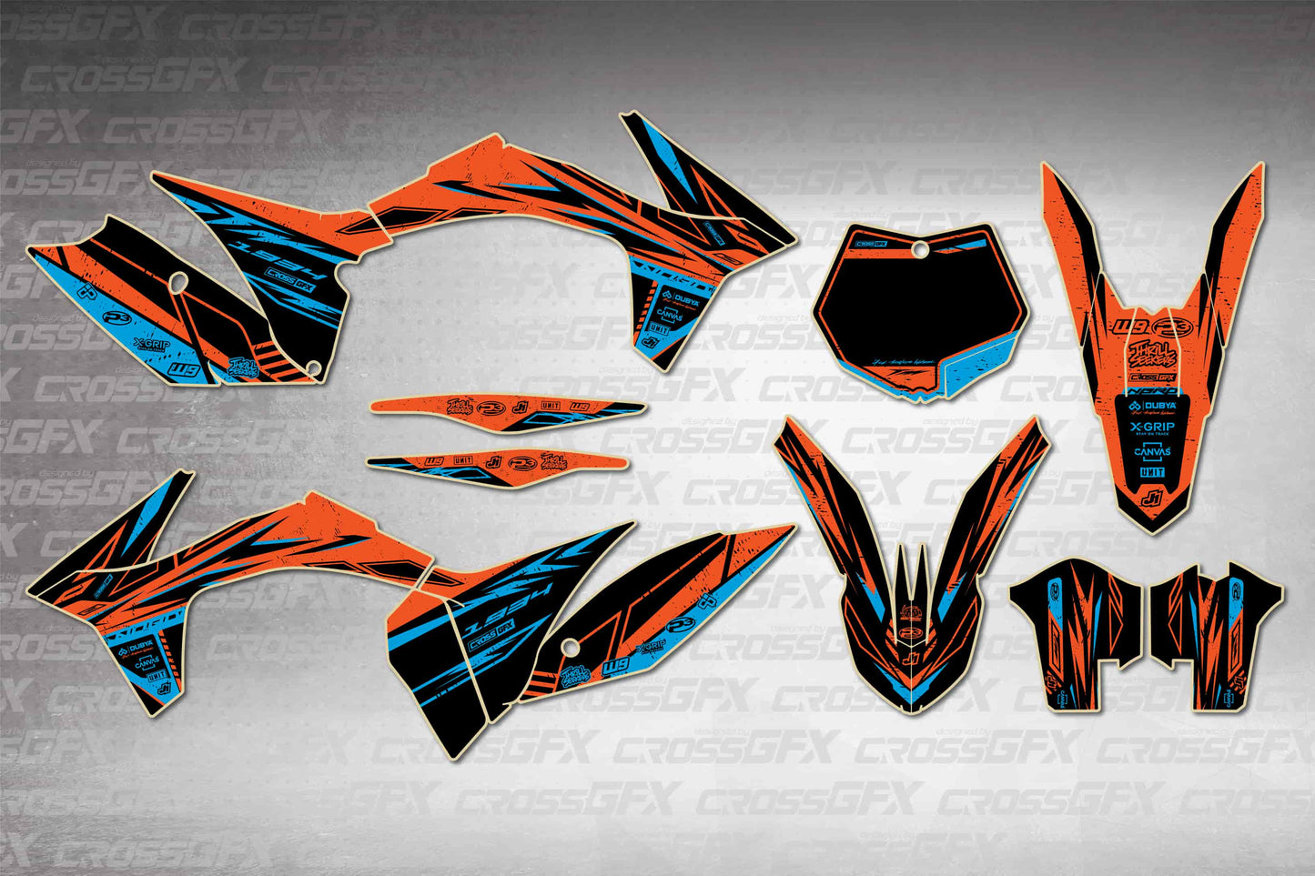 Graphics for KTM SX 2011-2012 - Omega Cyan - flat layout showing all decal pieces included