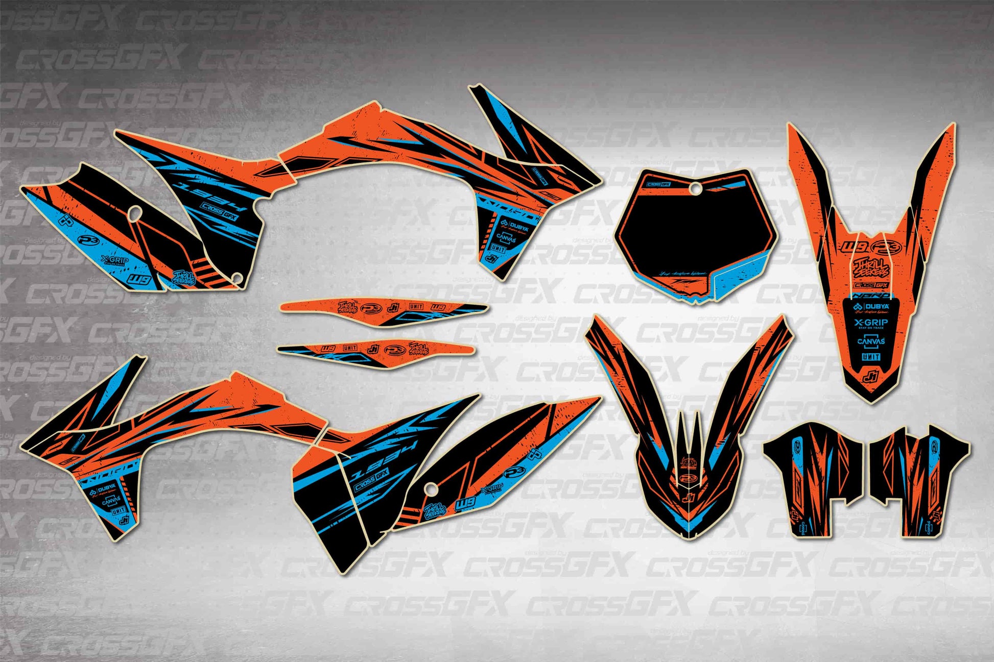 Graphics for KTM SX-F 2011-2012 - Omega Cyan - flat layout showing all decal pieces included