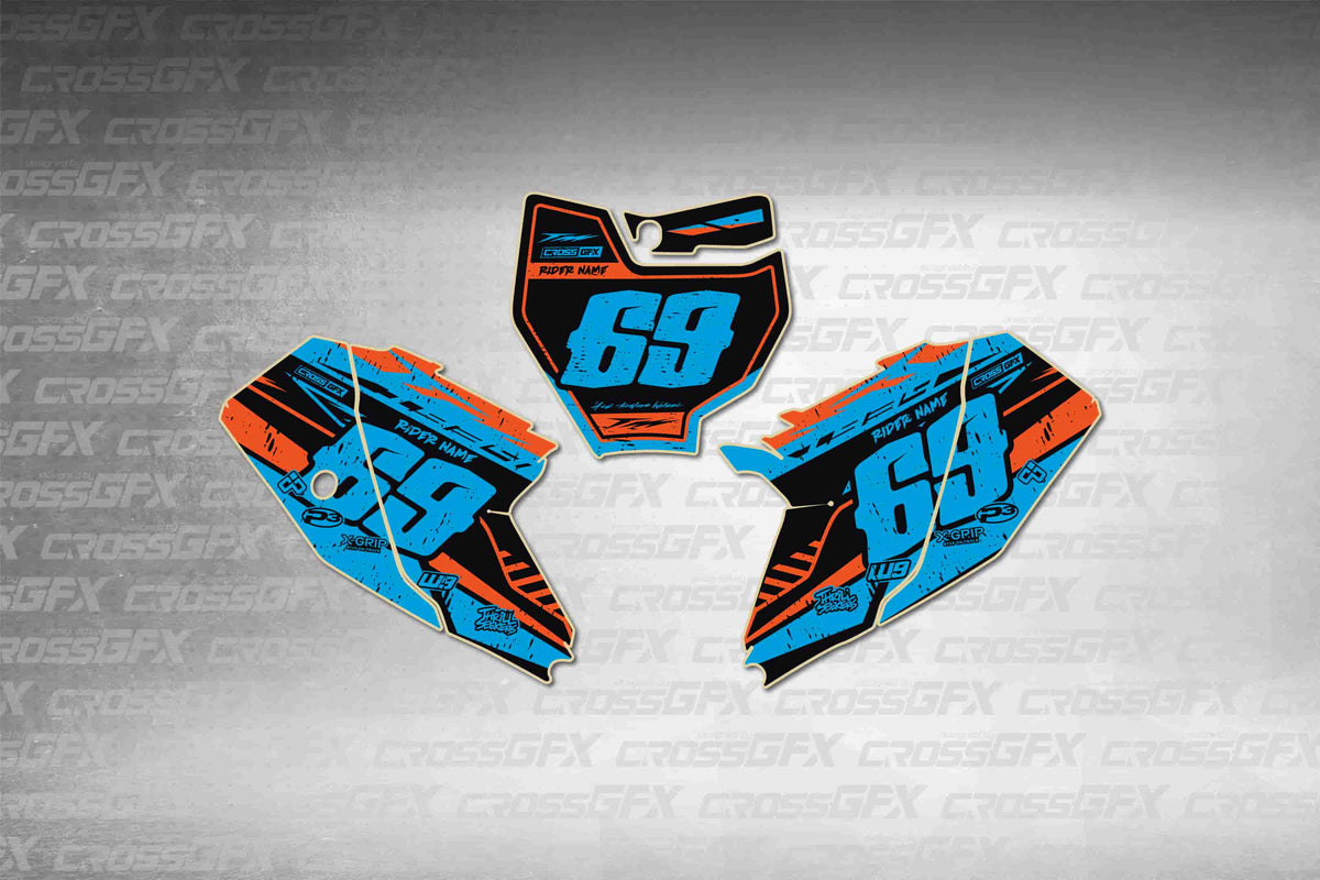 Graphics for KTM 65 SX 2016-2018 - Omega Cyan number plate decals - flat layout showing all pieces included
