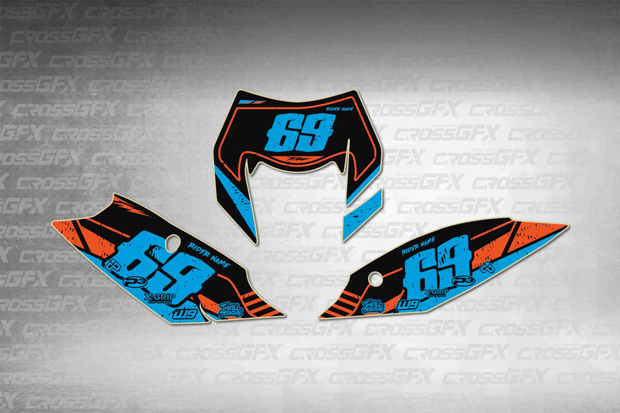 Graphics for KTM XC-W 2014-2016 - Omega Cyan number plate decals - flat layout showing all pieces included