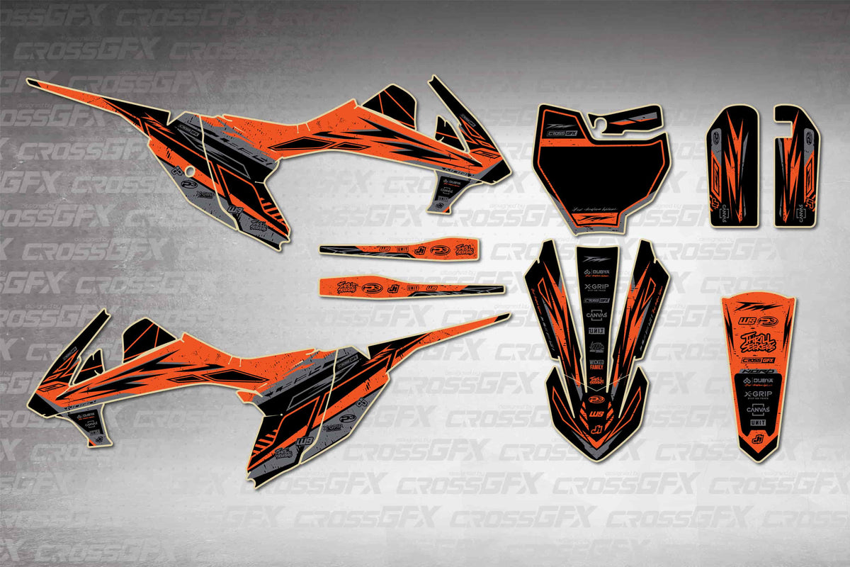 Graphics for KTM 65 SX 2016-2018 - Omega Orange - flat layout showing all decal pieces included