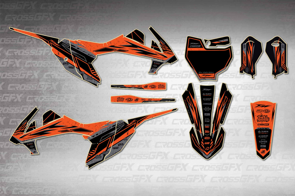 Graphics for KTM 65 SX 2019-2023 - Omega Orange - flat layout showing all decal pieces included