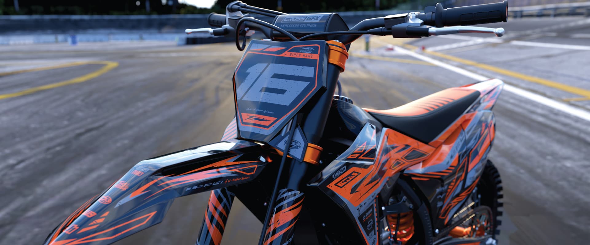 Homepage banner featuring the new Omega Orange custom motocross graphics kit installed on a KTM dirt bike, promoting free personalization and durable vinyl.