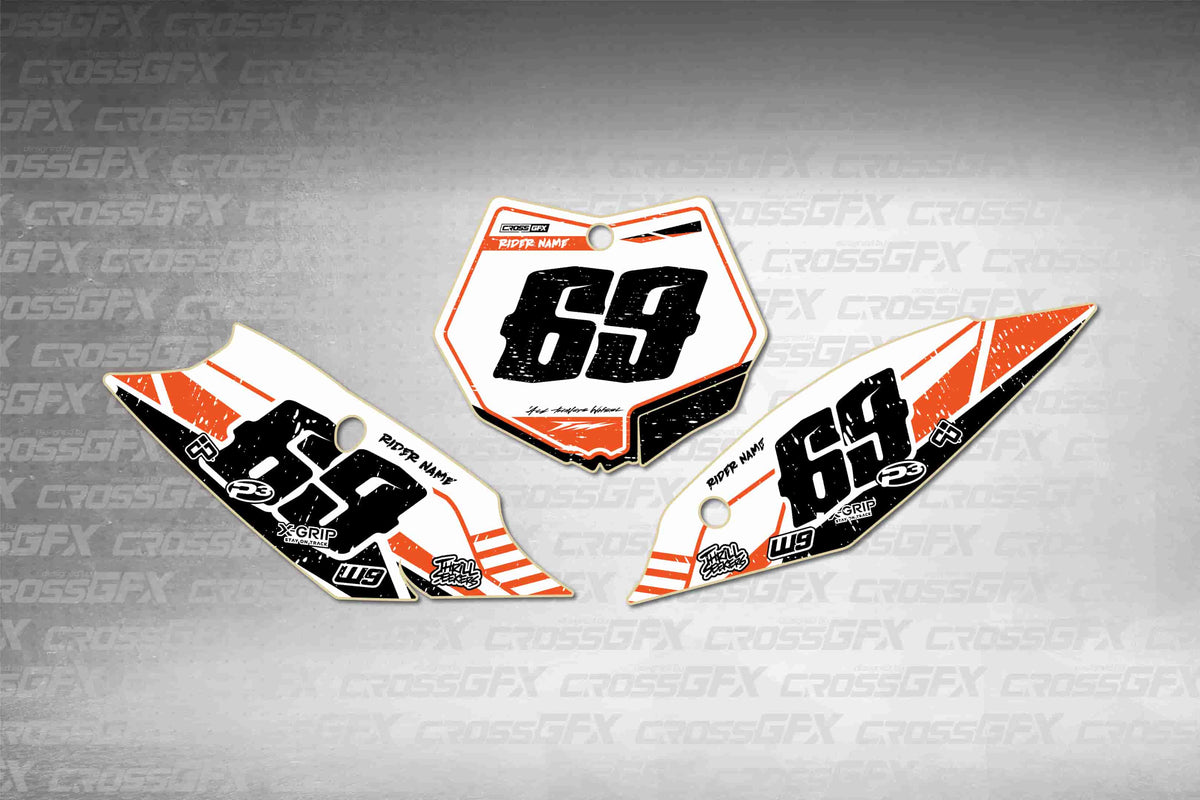 Graphics for KTM SX 2011-2012 - Omega Shift number plate decals - flat layout showing all pieces included