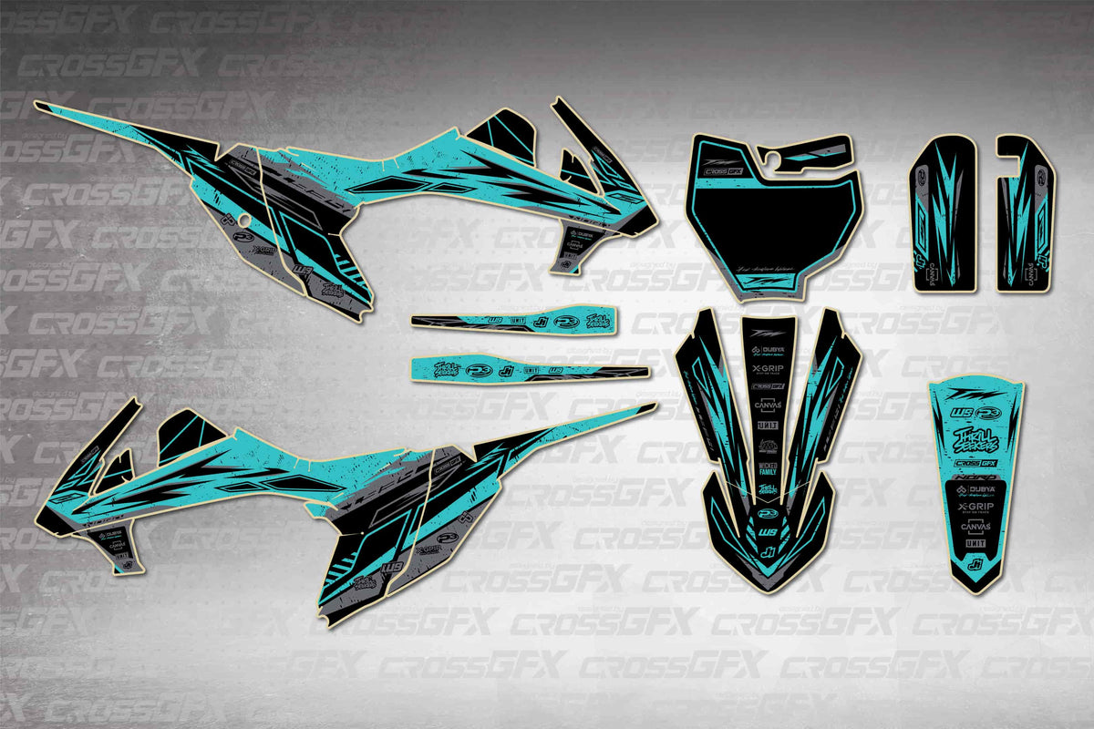 Graphics for KTM 65 SX 2016-2018 - Omega Teal - flat layout showing all decal pieces included
