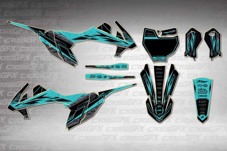Graphics for KTM 65 SX 2019-2023 - Omega Teal - flat layout showing all decal pieces included