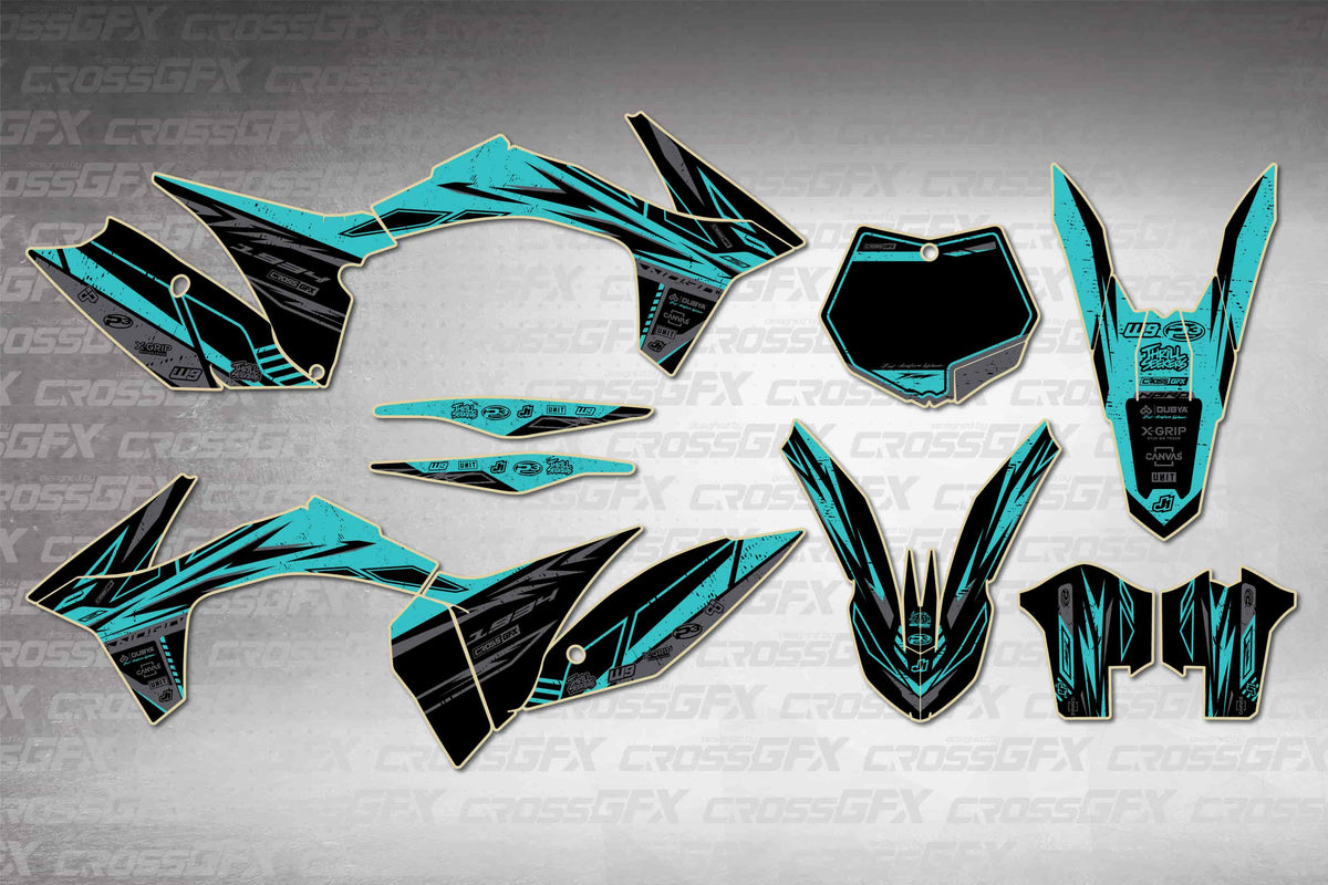 Graphics for KTM SX-F 2011-2012 - Omega Teal - flat layout showing all decal pieces included