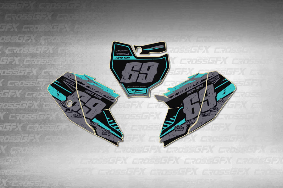 Graphics for KTM 65 SX 2016-2018 - Omega Teal number plate decals - flat layout showing all pieces included