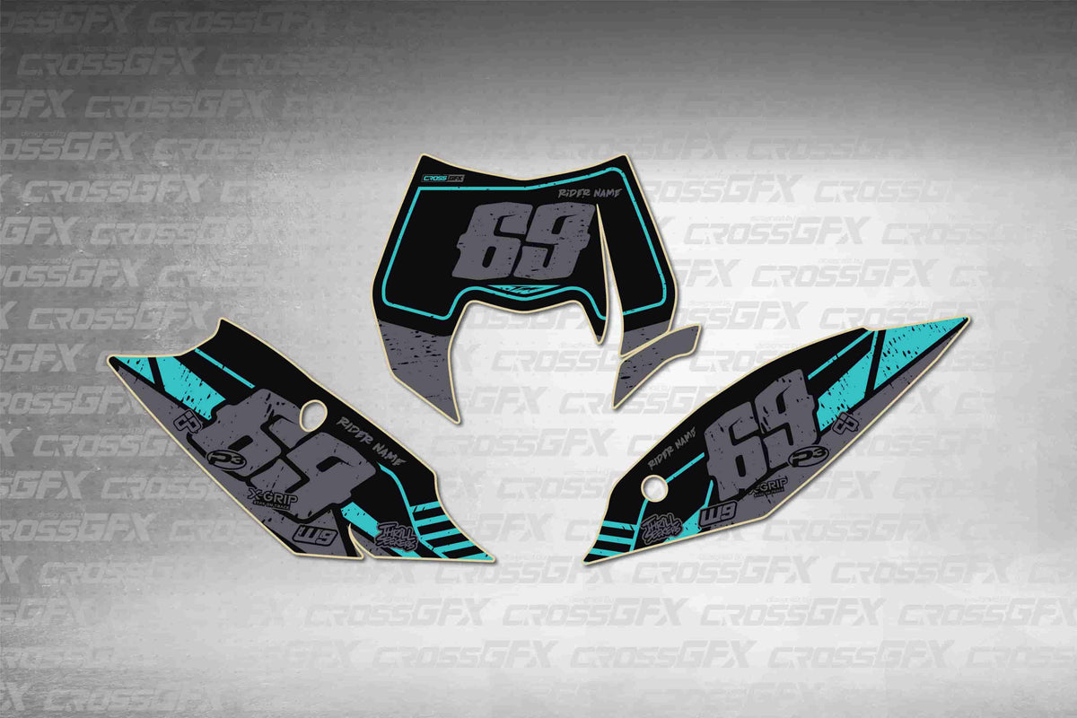 Graphics for KTM EXC 2012-2013 - Omega Teal number plate decals - flat layout showing all pieces included