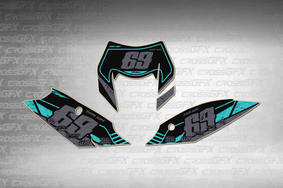 Graphics for KTM EXC-F 2014-2016 - Omega Teal number plate decals - flat layout showing all pieces included